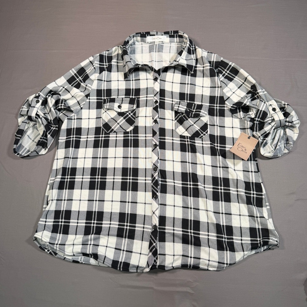 Eden & Olivia Womens 2X Plaid Button Down Shirt Black White Roll Tab Sleeve Top